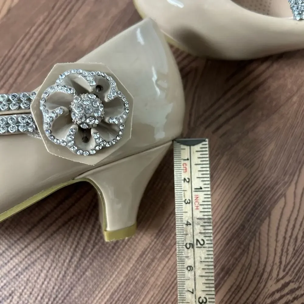 Link Girls Size 3 Nude Patent Mary Jane Heels Rhinestone Strap Dress Shoes